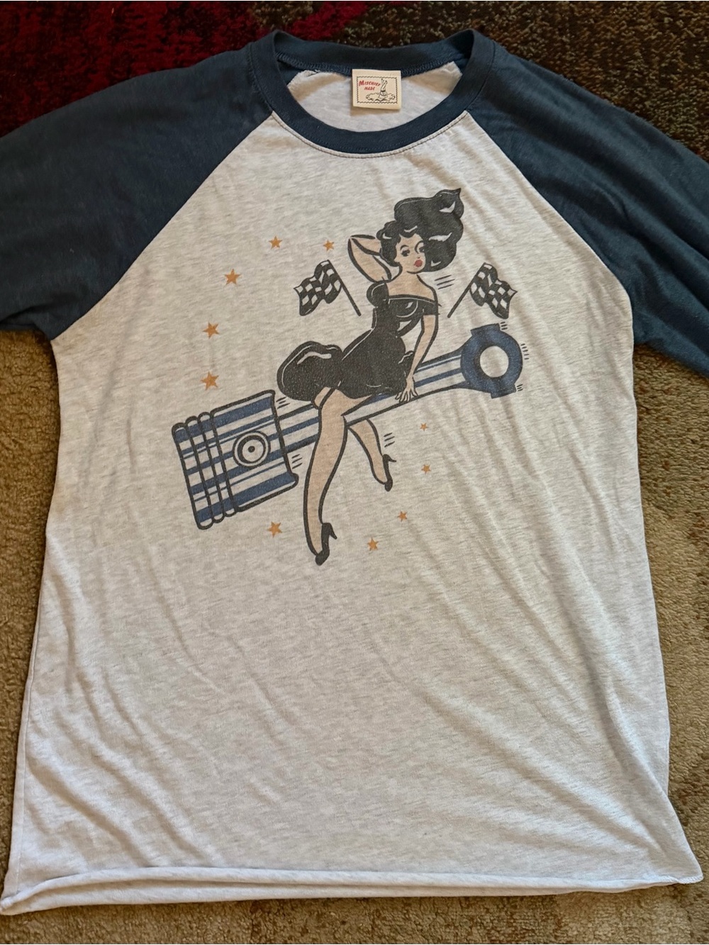 Vintage-Inspired Navy & Heather Gray Raglan Pinup Graphic Tee
